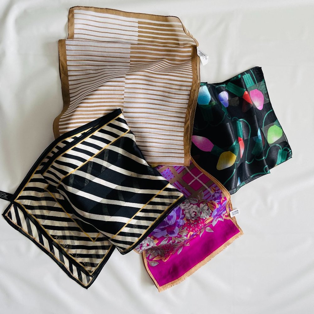 Lot of 4 silk  scarves  purple/black/white/brown